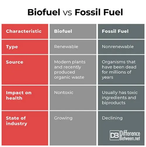 Difference between biofuel and fossil fuels