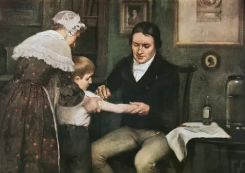 Edward Jenner art showing him giving a vaccination